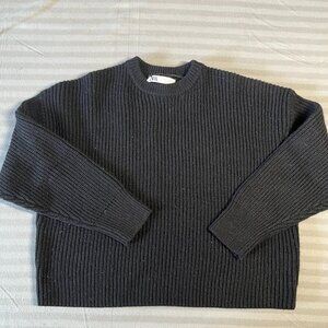 ZARA Sweater Womens Small Black Cropped Oversized Crewneck